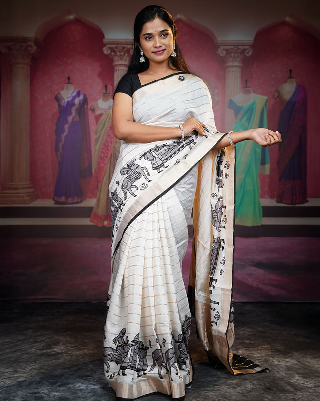 Munga Silk Saree With Digital Print Golden Zari Border - White