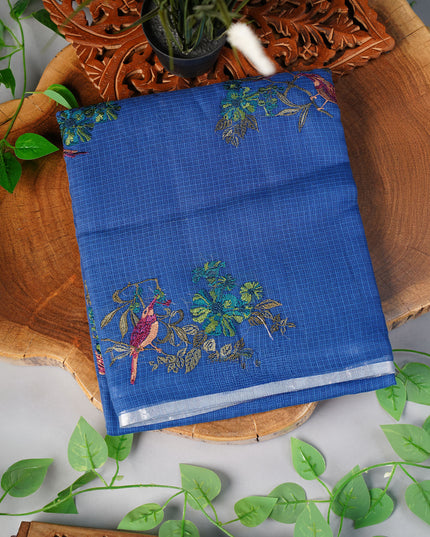 Kota Saree with Thread work Butties Silver Zari Border- Blue