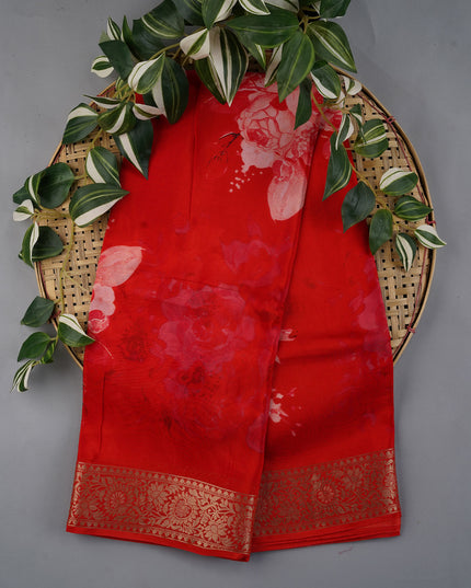 Binny Crepe Floral Print with Golden Zari Border- Red