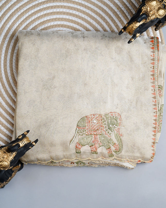 Tissue Georgette saree with print butties and scallop border - Tan