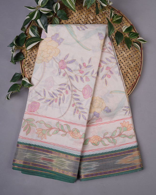 Cotton Digital Kantha Work Print Ikkath Border - Off White