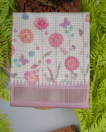 Tusser silk saree with weaving checks and zari border - Onion Pink