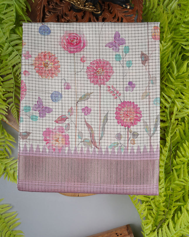 Tusser silk saree with weaving checks and zari border - Onion Pink