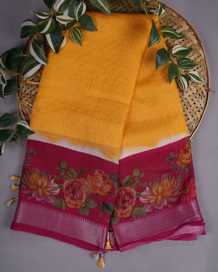 Mangalagiri Silk Silver Zari Weaving Checks Design With Digital Border - Yellow