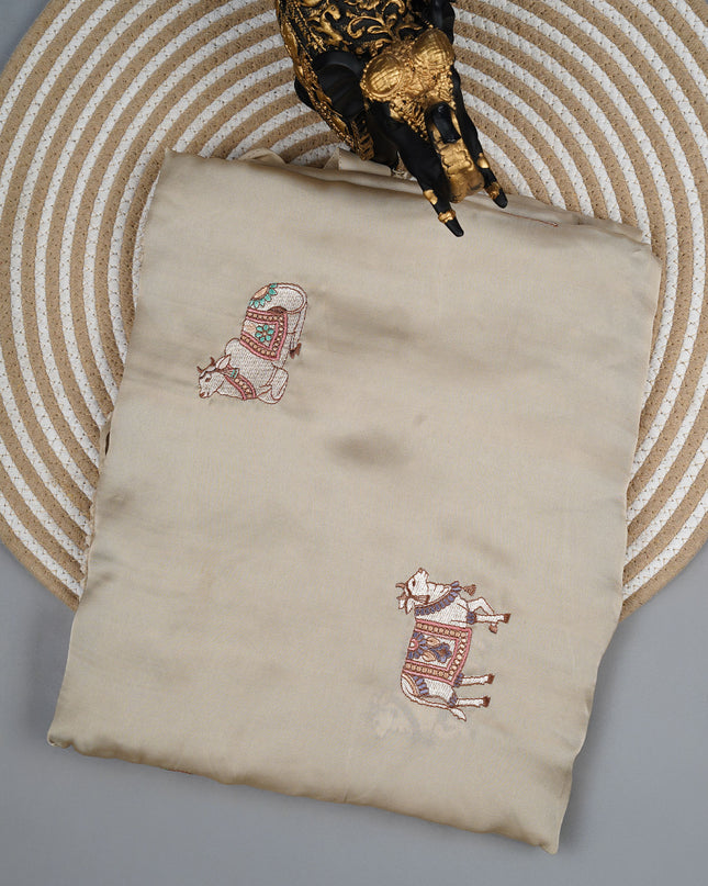 Mashru satin saree with pichwai butties and Parsi Work lace border - Tan