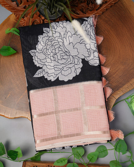 Kota Silk Saree with Floral Print and Contrast Border- Black and Peach
