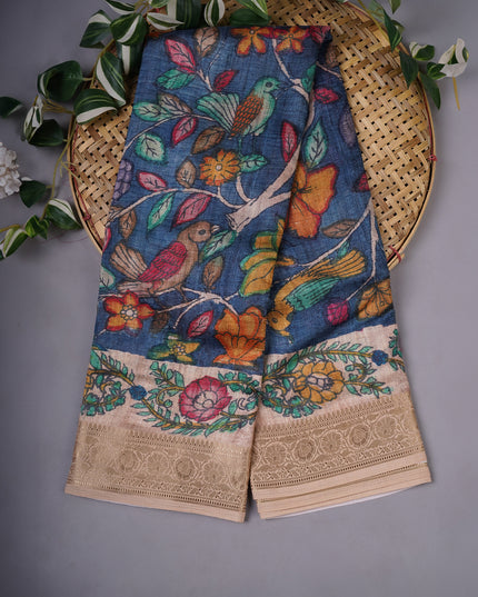 Tussar Kalamkari Print with Kanchi Border - Char Coal