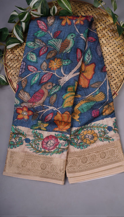 Tussar Kalamkari Print with Kanchi Border - Char Coal