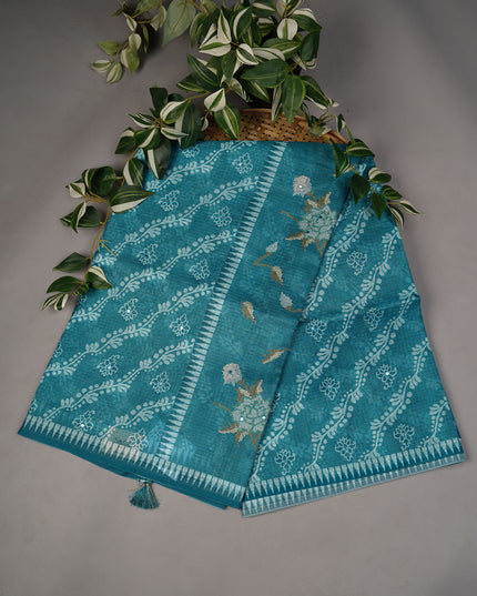 Silk Kota Lehariya Design With Mirror Work - Teal Green