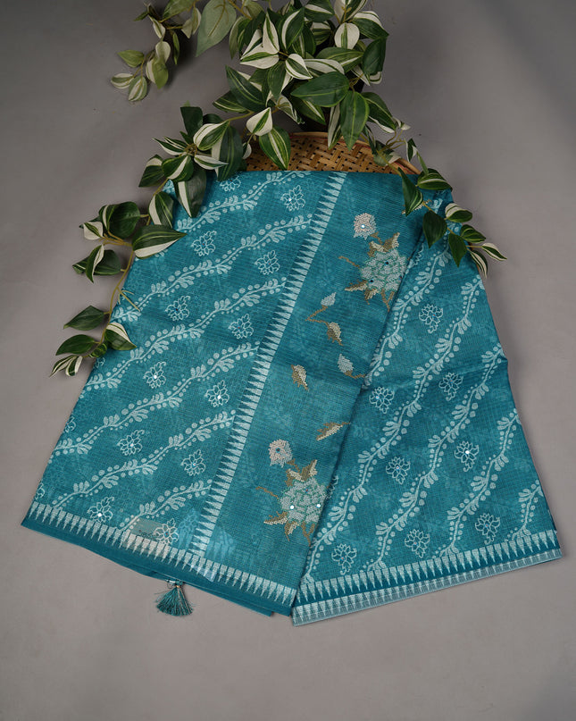 Silk Kota Lehariya Design With Mirror Work - Teal Green