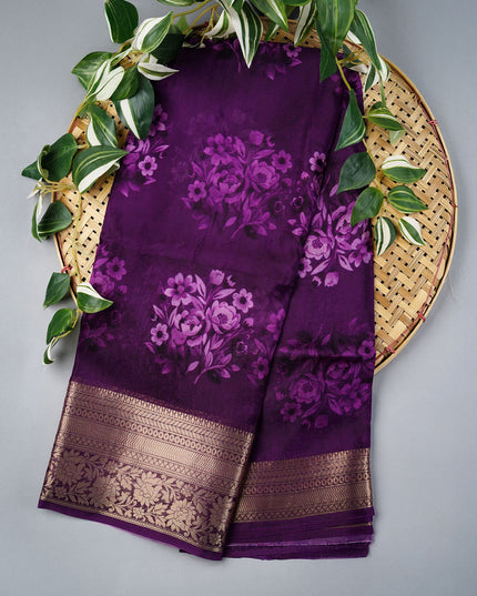 Binny Crepe Floral Print with Golden Zari Border- Voilet