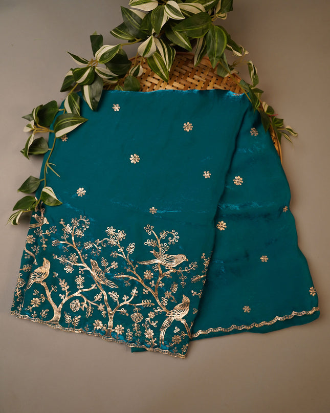 Soft Velvet Saree with Gold Laharia Pattern Work With Scallop Border - Rama Green