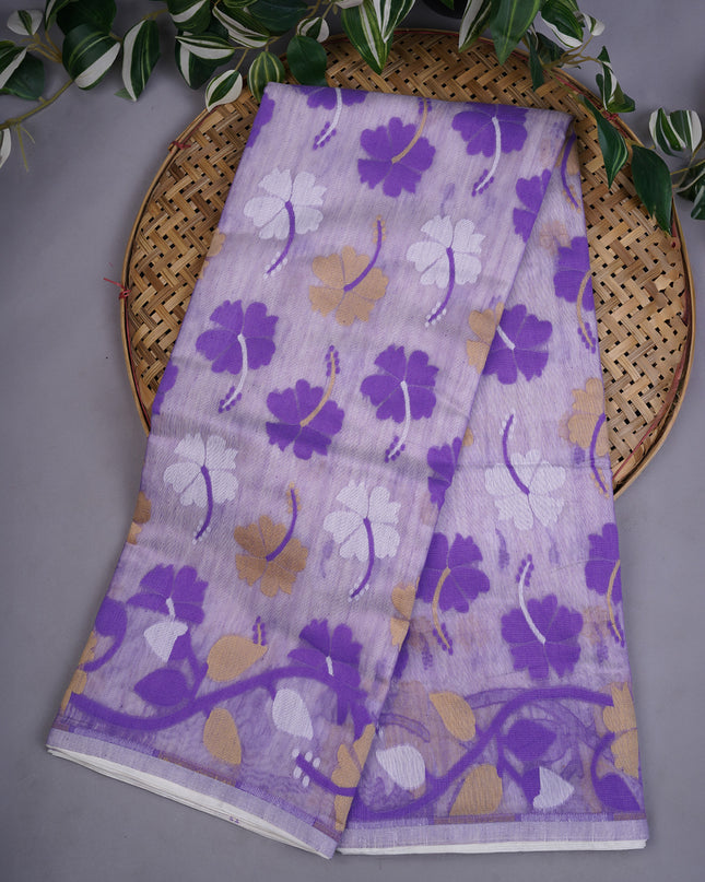 Lotus Cotton Saree With Floral Weaving Design - Lavender