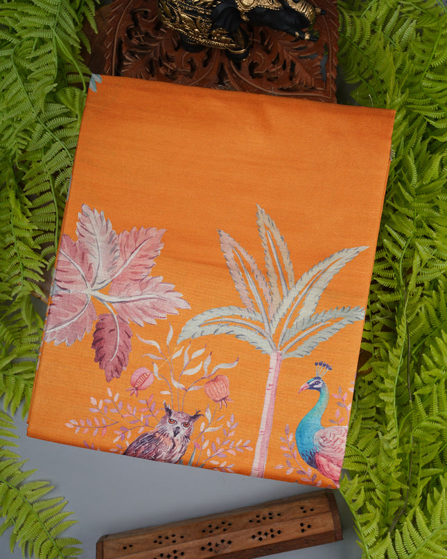 Tusser Silk Saree With Digital Floral Print - M Yellow