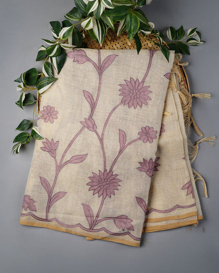 Tissue Lenin Saree with Floral Print and Thread work- Cream