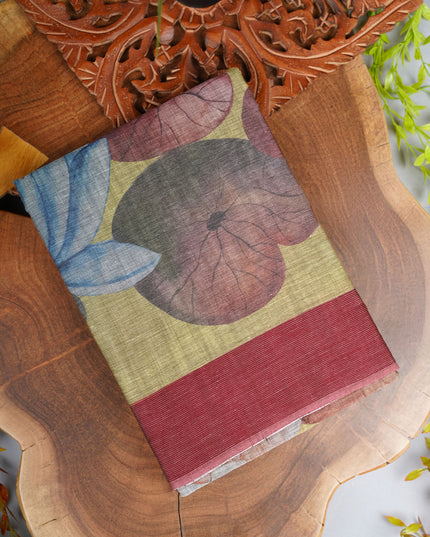 Lotus Cotton Saree With Floral Print And Contrast Border - Mahindhi