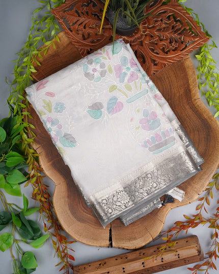 Kora Organza Thread Work With Contrast Border - Ash