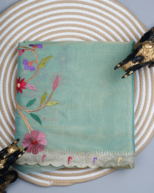 Soft tissue organza saree with thread Embroidered work and scallop muniya border - Sea Green