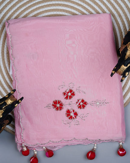 Russian silk saree with applique & Kardhana Work and scallop border - Lite Pink