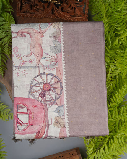 Tusser silk saree with digital print zari border - Beige