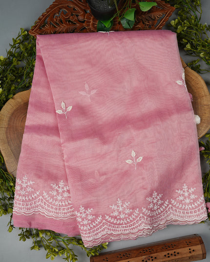 Tissue Linen Saree and Scallop Border and Peral Work - Pink