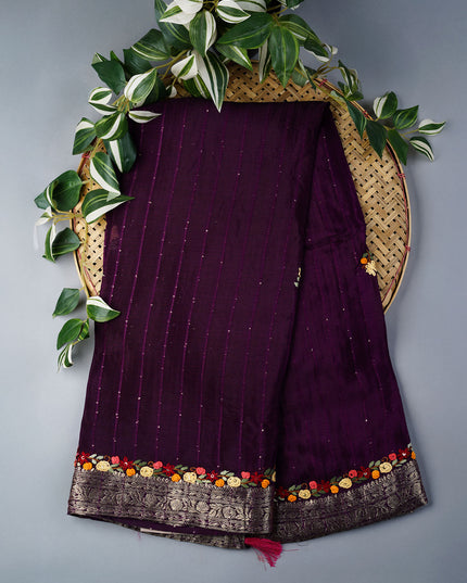 Wrinkle Crepe with Thread Embroidery Work Border- Violet