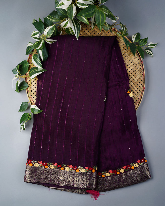 Wrinkle Crepe with Thread Embroidery Work Border- Violet