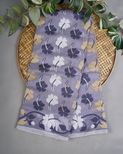 Lotus Cotton Saree With Floral Weaving Design - Grey