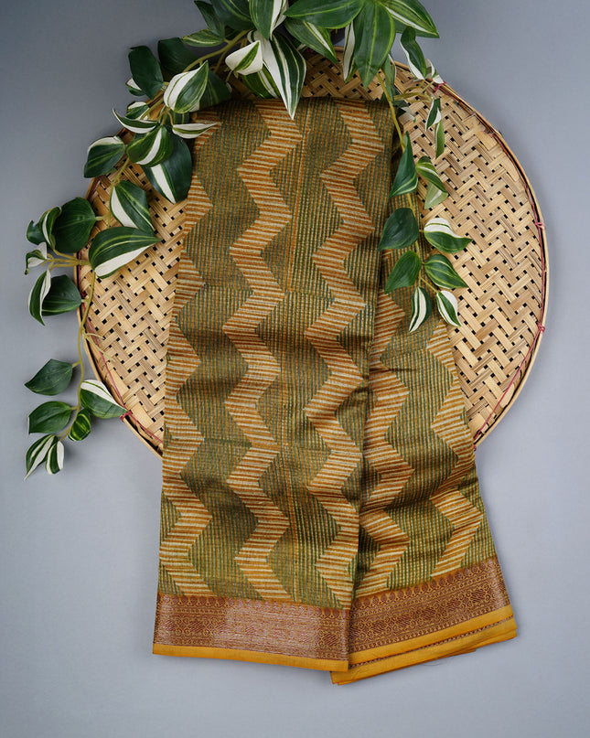 Muslin Silk Saree with Antique Zari Border- Olive