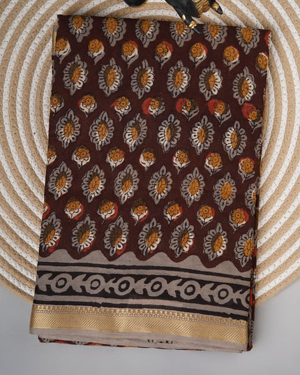 Mul cotton saree with Floral Kalamkari block print and contrast border - Chocolate Brown