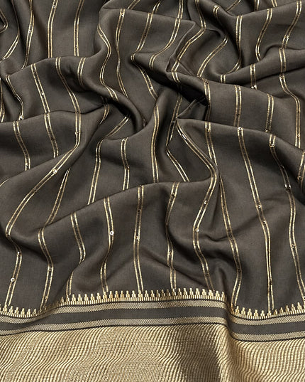 Soft Silk Saree with Ikkat  and Kalamkari Print and Zari Border - Olive Green