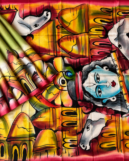 Pure Tusser  Silk Saree With All Over Hand Painting - Multi