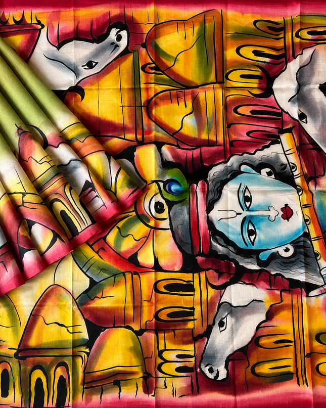 Pure Tusser  Silk Saree With All Over Hand Painting - Multi