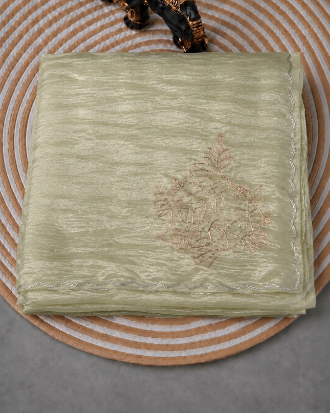 Soft  Tissue Orznga  Saree With Ari work and scallop Border- light Green