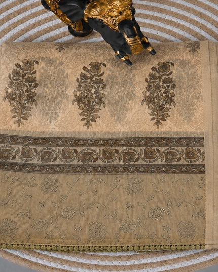 Silk Kota Saree with Floral Print and Thread Embroidery work Border with Lace - Tan
