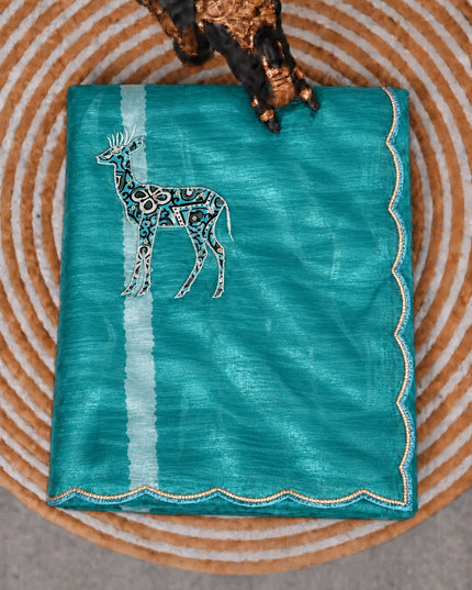 Soft  Orznga  Saree With Applique work and scallop Border-  Sky Blue