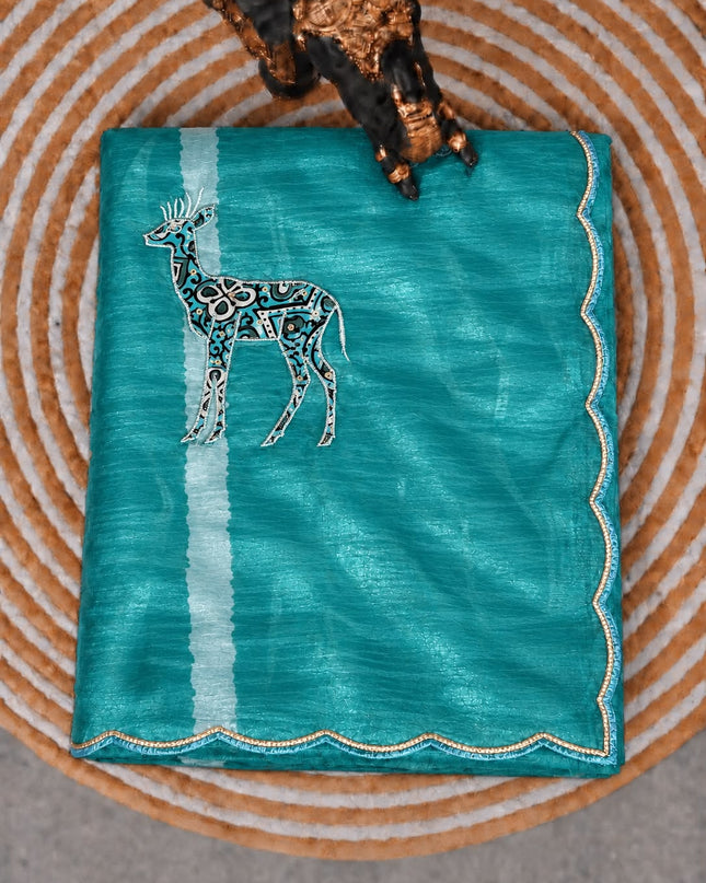 Soft  Orznga  Saree With Applique work and scallop Border-  Sky Blue