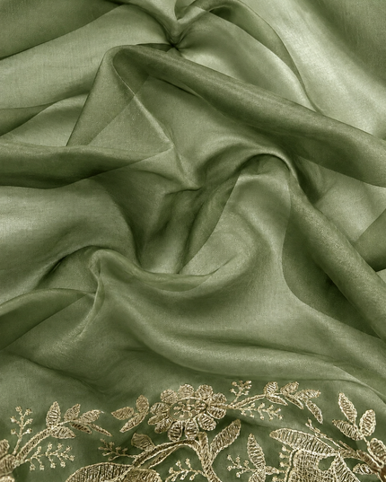 Soft Organza  Saree with Thread Work  and Scallop Border - Green