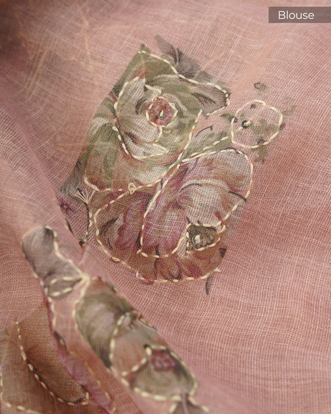 Tissue Linen Saree With Floral Print And Kantha Work And Gold Zari Border - Peach