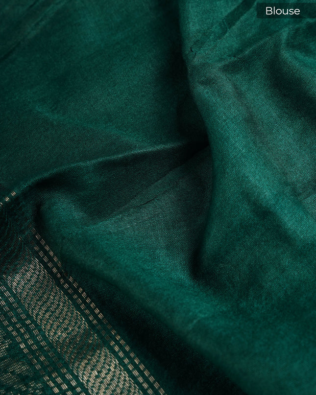 Muslin Silk Saree With Digital Print & Contrast Border  - Beige With Green