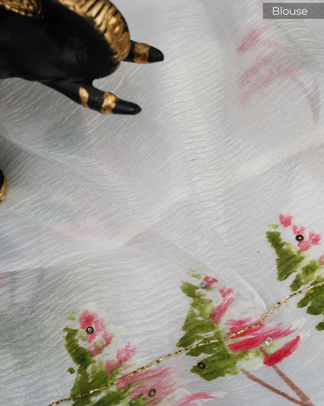 Crush organza saree with hand painting butties and scallop border Kardana & Sequence Work - White