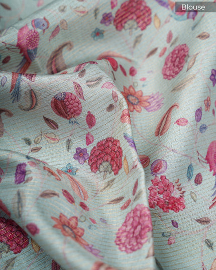 Tusser Silk Saree Floral Print with Contrast Border- Light Blue