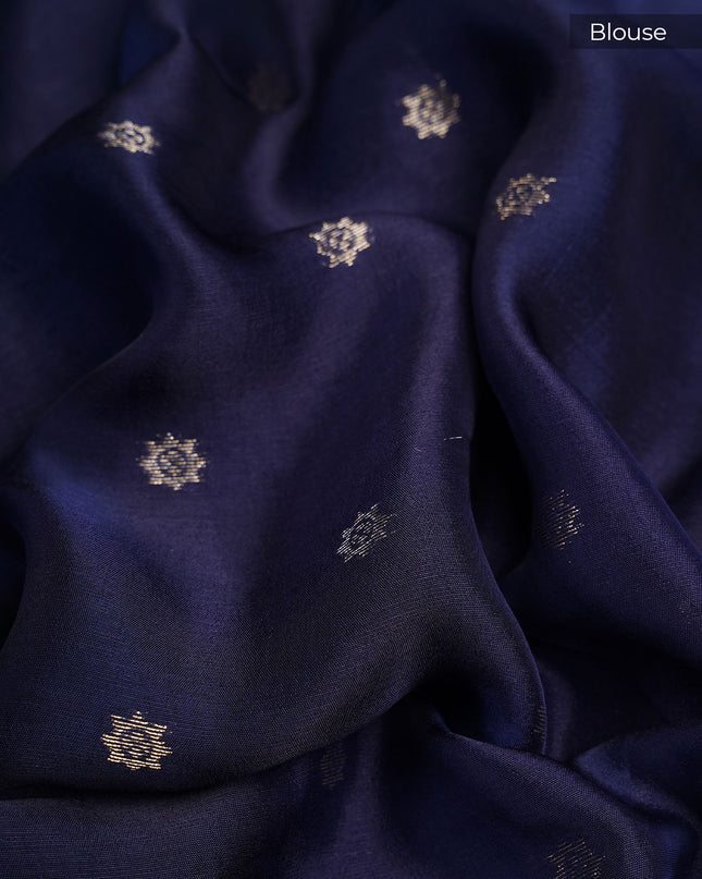 Munga Silk Saree With Gold Zari Border -  Navy Blue