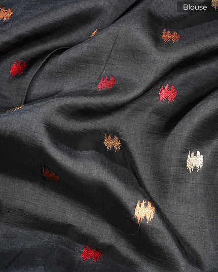 Dupion silk saree with thread butties and border - Black