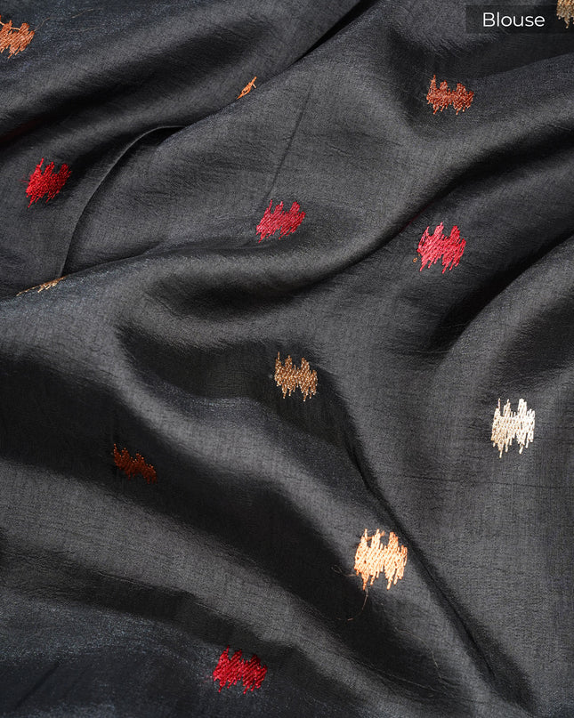 Dupion silk saree with thread butties and border - Black