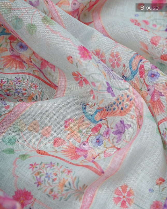 Linen Silk Saree With Floral Digital Print - Light Yellow