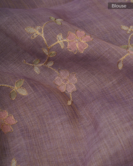 Tissue Linen Saree With Floral Print And Ari Work - Onion Pink