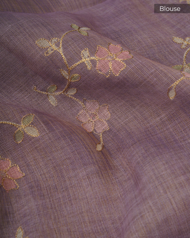 Tissue Linen Saree With Floral Print And Ari Work - Onion Pink