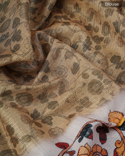 Tissue Kota Saree with Gold Butties and Contrast Floral Print Border- Tan