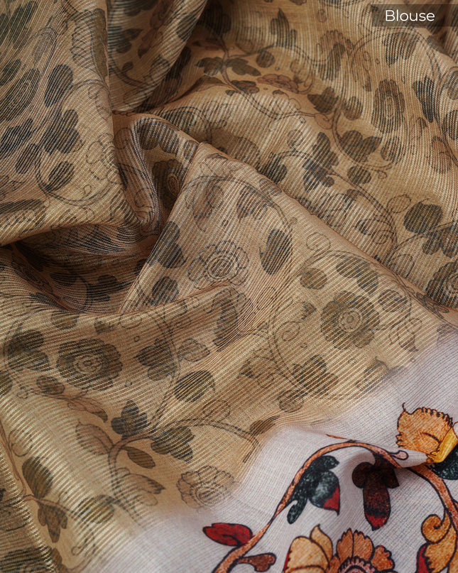 Tissue Kota Saree with Gold Butties and Contrast Floral Print Border- Tan